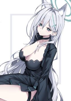 1girl ahoge animal_ear_fluff animal_ears black_choker black_dress blue_archive breasts choker cleavage closed_mouth commentary_request dress fox_ears fox_girl grey_hair haruyuki_(yukichasoba) highres large_breasts long_hair looking_at_viewer shiroko_(blue_archive) solo very_long_hair