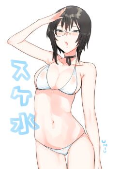 10s 1girl artist_name bikini black_choker black_eyes black_hair bow bow_choker breasts choker cleavage collarbone commentary_request cowboy_shot duck_face female_focus girls_und_panzer half-closed_eyes kawashima_momo looking_at_viewer medium_breasts navel open_mouth salute short_hair simple_background solo standing swimsuit thigh_gap umiu_(hoge) white_background white_bikini
