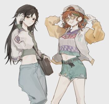 2girls arms_up backwards_hat bag belt black_belt black_eyes black_hair blue_pants blue_shorts blue_streaks breasts commentary_request cowboy_shot crop_top crossbody_bag floral_print green_shirt green_streaks hand_up hands_on_headwear hat headphones heart heart-shaped_eyewear highres identity_v jacket korean_commentary lily_barriere lily_barriere_(oph.lily) lipstick long_hair long_sleeves looking_at_viewer low_twintails makeup medium_breasts medium_hair multicolored_hair multiple_girls navel orange_hair pants qi_shiyi qi_shiyi_(oph.qi) shirt short_twintails shorts small_breasts smeared_lipstick smile streaked_hair tangtuktak tinted_eyewear twintails white_jacket white_shirt wispy_bangs yellow-tinted_eyewear