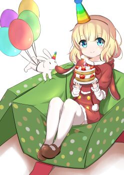 absurdres balloon blonde_hair blue_eyes blush bow box cake christmas christmas_ornaments christmas_tree closed_mouth couch crown cushion dress food fruit gift gift_box gochuumon_wa_usagi_desu_ka? hairband hat highres kirima_syaro leggings mini_crown party_hat polka_dot red_dress sack shoes short_hair sitting smile solo strawberry stuffed_animal stuffed_rabbit stuffed_toy thighhighs tilted_headwear ttmos