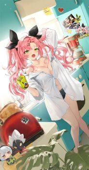 1girl amillion_(zenless_zone_zero) anby_demara arm_behind_head billy_kid black_panties black_ribbon blush bread bread_slice breasts character_doll character_print coffee coffee_maker coffee_mug collared_shirt commentary_request cup doll dress_shirt dutch_angle eous_(zenless_zone_zero) fang feet_out_of_frame food green_eyes hair_ornament hair_ribbon hairclip heart highres holding holding_cup indoors kitchen korean_commentary large_breasts long_hair looking_at_viewer mug navel nicole_demara no_pants open_mouth oversized_clothes oversized_shirt panties parallel_hairclips photo_(object) pink_hair pinky_out plant refrigerator ribbon shirt sleeves_pushed_up solo standing star_(symbol) sticker sticky_note stove tearing_up toast toaster underwear uneven_eyes unkempt wacho_0423 white_shirt yawning zenless_zone_zero