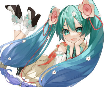 1girl black_shoes blue_hair blush bobby_socks commentary detached_sleeves eyelashes flower gradient_hair green_eyes hair_flower hair_ornament hatsune_miku long_hair lying magical_mirai_(vocaloid) magical_mirai_miku magical_mirai_miku_(2021) multicolored_hair on_stomach open_mouth reirou_(chokoonnpu) shoes socks solo twintails very_long_hair vocaloid white_socks