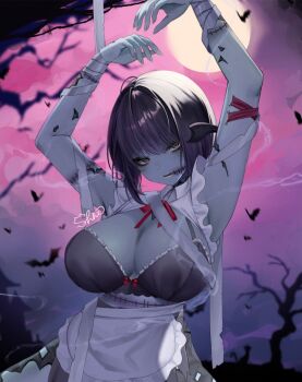 apron arms_up au_ra bat_(animal) black_eyes black_hair black_scales breasts colored_skin dragon_horns final_fantasy final_fantasy_xiv full_moon grey_skin horns large_breasts looking_at_viewer moon shhilee short_hair stitched_arm stitched_face stitched_torso stitches waist_apron zombie