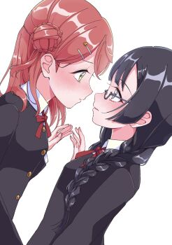 Rule 34 | 2girls, black hair, black jacket, blush, braid, bun with braided base, closed mouth, collared shirt, commentary, dress shirt, eye contact, from side, glasses, green eyes, hair bun, hair ornament, hairclip, highres, jacket, long hair, looking at another, love live!, love live! nijigasaki high school idol club, low twin braids, mikage emerald, multiple girls, nakagawa nana, neck ribbon, nijigasaki school uniform, nose blush, parallel hairclips, parted lips, pink hair, profile, red ribbon, ribbon, school uniform, semi-rimless eyewear, shirt, single side bun, twin braids, uehara ayumu, under-rim eyewear, upper body, white shirt, winter uniform, yuki setsuna, yuki setsuna (love live!), yuri