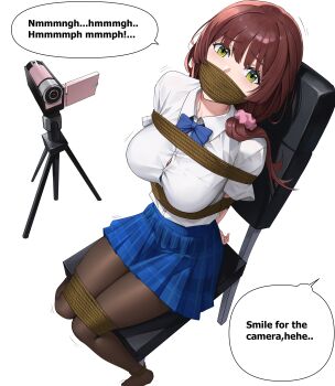 Rule 34 | 1girl, absurdres, bdsm, black pantyhose, blue skirt, bound, breasts, brown hair, chair, chitose-kun wa ramune bin no naka, cloth gag, commission, english text, gag, gagged, green eyes, highres, improvised gag, iqbqlz, kidnapped, large breasts, looking at viewer, over the mouse gag, pantyhose, restrained, scared, shirt, simple background, sitting, skirt, speech bubble, tied to chair, uchida yua, white background, white shirt