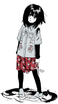 1girl black_eyes black_hair collared_shirt commentary_request full_body highres holding holding_scissors kunikida_kunio layered_sleeves long_sleeves looking_at_viewer original pantyhose parted_lips scissors severed_hair shirt short_hair short_over_long_sleeves short_sleeves skirt solo