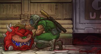 1boy blood cacodemon check_commentary commentary commentary_request corpse crying cyclops demon doom_(series) doomguy door footprints gloves green_eyes gun hand_on_another&#039;s_head headpat helmet horns imp_(doom) indoors kurashiki_nanka monster muscular one-eyed out_of_character pouch sad sharp_teeth sliding_doors squatting tears teeth tile_floor tiles weapon weapon_on_back