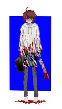 Rule 34 | 1boy, ahoge, black hair, black pants, blood, blood on clothes, blood on ground, blood on hands, bloody weapon, blush, cleaver, closed mouth, commentary, drawstring, full body, hair between eyes, highres, holding, holding cleaver, hood, hood down, hoodie, implied murder, long sleeves, looking at viewer, male focus, multicolored hair, namememero, official alternate eye color, pants, raincoat, red eyes, red hair, sanpaku, see-through clothes, see-through raincoat, shoes, short hair, smile, solo, spoilers, streaked hair, sumino takumi, symbol-only commentary, the hundred line -last defense academy-, thigh strap, trash bag, two-tone hair, weapon, white hoodie, white shoes