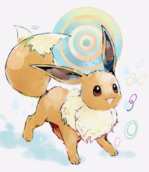 animal_focus animal_hands brown_eyes brown_fur bwmtk1110 eevee fluffy full_body gen_1_pokemon highres looking_at_viewer neck_fur nintendo no_humans open_mouth pokemon pokemon_(creature) pokemon_focus simple_background solo standing tail tail_wagging white_background yellow_fur