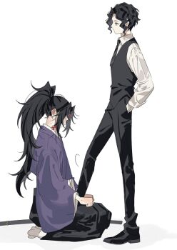 2boys black_hakama black_pants black_shoes black_vest curly_hair full_body hakama hands_in_pockets high_ponytail japanese_clothes kibutsuji_muzan kimetsu_no_yaiba kimono kokushibou male_focus multiple_boys pants ponytail profile purple_kimono sal_gun scabbard scar sheath shirt shoes short_hair simple_background sitting socks standing vest white_background white_shirt white_socks