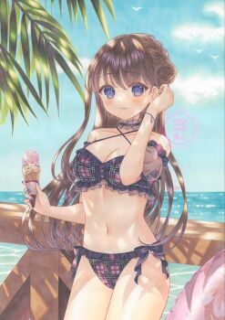 1girl armband bikini black_bikini black_nails blue_eyes blue_sky blush bow bow_bikini bracelet braid braided_bun breasts brown_hair choker cleavage closed_mouth cloud collarbone commentary_request cowboy_shot dappled_sunlight day fingernails food frilled_armband frilled_bikini frilled_choker frills hair_bun hand_up highres holding holding_ice_cream_cone horizon ice_cream ice_cream_cone jewelry large_breasts light_smile linea_alba long_hair looking_at_viewer marker_(medium) nail_polish navel ocean original osumi_izumi outdoors plaid_bikini plaid_clothes signature sky solo standing stomach summer sunlight swimsuit traditional_media watermark wispy_bangs