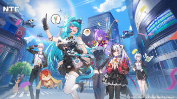 1boy 4girls absurdres aircraft airplane animal_ear_fluff animal_ears aqua_hair bat_girl bell black_choker black_corset black_gloves black_jacket black_pants black_pantyhose black_skirt black_unitard blonde_streaks blue_sky boots breasts car cat_ears cat_girl cat_tail choker city closed_mouth clothing_cutout colored_eyelashes company_name copyright_logo copyright_name corset cross_in_eye day dessert english_text fadia_(nte) female_esper_zero_(nte) food frizzle_(nte) gloves hair_ornament hand_on_own_chin hand_over_eye hand_up heart heart_hair_ornament highres ice_cream jacket lacrimosa_(nte) large_breasts logo male_esper_zero_(nte) mint_(nte) motor_vehicle multicolored_hair multicolored_nails multiple_girls neck_bell necktie neverness_to_everness official_art one_eye_closed pants pantyhose pink_eyes pink_streaks police police_car purple_eyes purple_hair purple_lips purple_necktie red_jacket shirt skirt sky sleeve_belt split-color_hair streaked_hair stretching sun sun_glare tail thigh_boots thighhighs tiered_skirt underboob_cutout white_shirt white_thighhighs x_hair_ornament