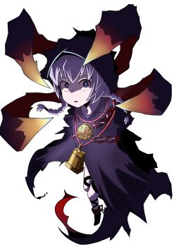 1girl absurdres bell black_cloak blue_eyes braid chain cloak commentary_request curse_maker curse_maker_2 etrian_odyssey highres hood hooded_cloak ice_compass0610 looking_at_viewer low_twin_braids medium_hair neck_bell open_mouth pale_skin purple_hair restrained shaded_face solo twin_braids white_background