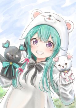 1girl absurdres animal_costume animal_ears arms_up bear_costume bear_ears black_ribbon blue_eyes commentary_request dutch_angle fake_animal_ears fluno green_hair green_ribbon hair_flaps hand_puppet highres kuma_kuma_kuma_bear long_hair long_sleeves looking_at_viewer neck_ribbon parted_lips pink_ribbon puppet purple_eyes ribbon smile solo upper_body yuna_(kuma_kuma_kuma_bear)