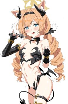 Rule 34 | 1girl, :d, alternate costume, animal ears, black hairband, blue archive, blue eyes, blush, breasts, cat ears, clearite, cowboy shot, demon horns, drill hair, gloves, hairband, halo, holding, holding microphone, horns, long hair, looking at viewer, mari (blue archive), microphone, open mouth, orange hair, simple background, small breasts, smile, solo, standing, stomach, thigh strap, twin drills, very long hair, white background, yellow halo