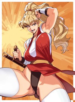 1girl abstract_background absurdres arm_guards blonde_hair breasts brown_eyes capcom clenched_hands final_fight genryuusai_maki gluteal_fold highres holding holding_weapon japanese_clothes kimono large_breasts long_hair looking_ahead muscular muscular_female ninja ogami orange_background pelvic_curtain ponytail sash shirt short_kimono simple_background sleeveless sleeveless_kimono solo straight_hair street_fighter thick_thighs thighhighs thighs tonfa undershirt underwear wavy_hair weapon white_shirt white_thighhighs yellow_sash