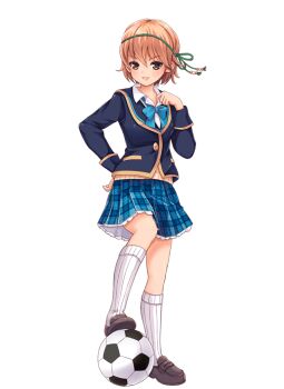 1girl ball blue_bow blue_bowtie blue_skirt bow bowtie brown_eyes brown_hair brown_shoes cardigan full_body girlfriend_(kari) hair_ribbon hayami_eiko jacket loafers looking_at_viewer miniskirt official_art plaid_clothes plaid_skirt pleated_skirt qp:flapper ribbon school_uniform shirt shoes simple_background skirt soccer_ball socks solo thighs transparent_background white_shirt white_socks yellow_cardigan