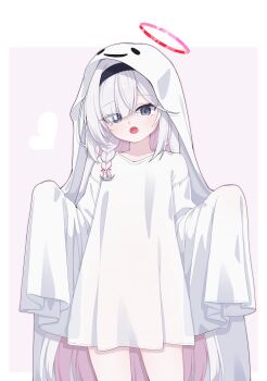 1girl absurdres alternate_costume black_hairband blue_archive border braid cinamon_(cinamori) colored_inner_hair commentary cowboy_shot dress ghost_costume grey_hair hairband halloween_costume halo heart highres hood hood_up looking_at_viewer multicolored_hair pink_background pink_hair plana_(blue_archive) sheet_ghost simple_background single_braid sleeves_past_fingers sleeves_past_wrists solo two-tone_hair white_border white_dress white_hood