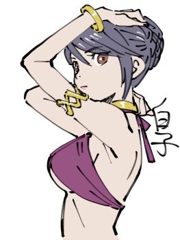 1girl black_hair breasts brown_eyes choker closed_mouth commentary_request fujibayashi_sheena highres jewelry looking_at_viewer shirako_(kirupi) sideboob simple_background solo swimsuit tales_of_(series) tales_of_symphonia white_background