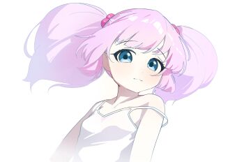 alternate_eye_color bare_shoulders bloom blue_eyes camisole child collarbone from_below hair_bobbles hair_ornament highres keibi_inu light_smile pink_hair shirt short_hair simple_background single_off_shoulder twintails upper_body white_background white_shirt yoshikawa_chinatsu yuruyuri