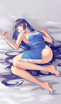 Rule 34 | 1girl, absurdres, apron, bare legs, barefoot, bed, blue apron, breasts, commentary request, dated, feet, highres, honkai (series), honkai impact 3rd, large breasts, legs, long hair, looking at viewer, lying, naked apron, on back, open mouth, pppeng, purple eyes, purple hair, raiden mei, raiden mei (apho), signature, solo, toenails, toes, very long hair