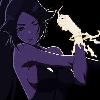 1girl bare_shoulders black_background bleach bleach:_sennen_kessen-hen breasts collarbone dark-skinned_female dark_skin electricity female_focus hair_ornament highres large_breasts long_hair looking_at_viewer one_eye_closed parted_bangs ponytail purple_hair shihouin_yoruichi sideboob simple_background upper_body wink yellow_electricity yellow_eyes yuuta_(yuuta0312)
