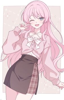 Rule 34 | 1girl, bang dream!, bang dream! it's mygo!!!!!, black skirt, blush, border, cardigan, chihaya anon, commentary, e20, fang, grey eyes, highres, index finger raised, long hair, looking at viewer, one eye closed, open mouth, outside border, pink cardigan, pink hair, skin fang, skirt, solo, white border