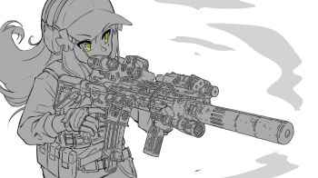 1girl ammunition_pouch assault_rifle baseball_cap belt breast_suppress bulletproof_vest commentary ear_protection eotech fingerless_gloves firing girls&#039;_frontline gloves green_eyes greyscale gun h&amp;k_hk416 hair_ornament hat hk416_(girls&#039;_frontline) jiwon_(sj1) long_hair long_sleeves magazine_(weapon) monochrome pants pouch rifle sidelocks sight_magnifier sketch spot_color tactical_clothes tattoo teardrop_tattoo weapon