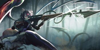 1girl alternate_costume animal_ears asymmetrical_wings berryverrine black_gloves black_hair black_jacket black_shorts blue_wings commentary dragunov_svd english_commentary eyewear_on_head fingerless_gloves forest game_cg gloves gun highres holding holding_gun holding_weapon houjuu_nue houjuu_nue_(possessed_by_a_red_panda_spirit?!) jacket long_sleeves looking_through_scope midriff nature navel official_art open_clothes open_jacket outdoors pointy_ears raccoon_ears raccoon_tail red-tinted_eyewear red_eyes red_wings rifle scope shorts snake sniper_rifle solo tail third-party_source tinted_eyewear touhou touhou_lostword trigger_discipline weapon wings