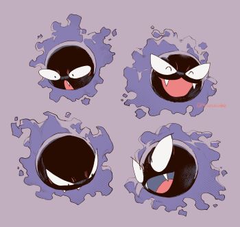 :d :o ^_^ absurdres artist_name closed_eyes fang fangs gastly gen_1_pokemon ghost grey_background highres newo_(shinra-p) nintendo no_humans open_mouth pokemon pokemon_(creature) simple_background smile teeth