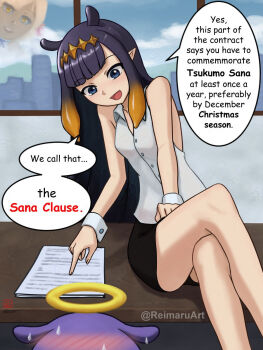 :d adversarial_noise alternate_costume bare_shoulders black_skirt blonde_hair blue_eyes blue_hair blue_sky blunt_ends blush breasts building buttons center-flap_bangs cityscape cloud collarbone collared_shirt commentary crossed_legs english_commentary english_text feet_out_of_frame fingernails gradient_hair hair_ears halo highres hololive hololive_english indoors leaning_to_the_side looking_down miniskirt multicolored_hair ninomae_ina'nis on_table open_mouth paper paper_stack pointing projected_inset reikamaru shirt sitting skirt sky skyscraper sleeveless sleeveless_shirt small_breasts smile speech_bubble sweat table takodachi_(ninomae_ina'nis) talking tsukumo_sana twitter_username two-tone_hair virtual_youtuber white_shirt white_wrist_cuffs window wrist_cuffs
