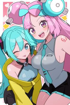 2girls aqua_eyes aqua_hair aqua_necktie bare_shoulders blue_eyes blue_hair blush bow-shaped_hair breasts character_hair_ornament closed_mouth collarbone commentary_request cosplay costume_switch criss-cross_halter grey_shirt hair_between_eyes hair_ornament halter_shirt halterneck hatsune_miku hatsune_miku_(cosplay) heart highres iono_(pokemon) iono_(pokemon)_(cosplay) jacket large_breasts long_hair long_sleeves looking_at_viewer multicolored_hair multiple_girls necktie nintendo number_tattoo odorukaminoke one_eye_closed open_mouth oversized_clothes pink_hair pokemon pokemon_sv redrawn sharp_teeth shirt sleeveless sleeveless_shirt sleeves_past_fingers sleeves_past_wrists small_breasts smile split-color_hair tattoo teeth tongue tongue_out twintails two-tone_hair upper_teeth_only very_long_hair vocaloid yellow_jacket