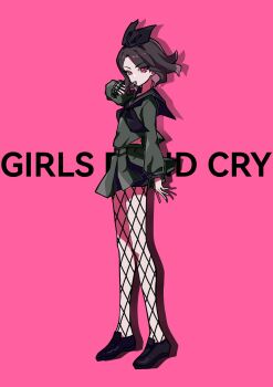 Rule 34 | 1girl, black footwear, black hairband, black neckerchief, black sailor collar, bow hairband, brown hair, commentary, copyright name, ebizuka tomo, explosive, fishnet pantyhose, fishnets, full body, girls band cry, green skirt, grenade, grenade pin in mouth, hairband, hashtag-only commentary, highres, holding, holding grenade, long sleeves, looking at viewer, medium hair, neckerchief, nis (onisuen), pantyhose, pink background, pink eyes, sailor collar, shadow, simple background, skirt, solo