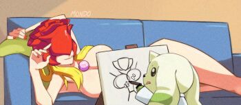 1girl :q armpits arms_up artist_name blonde_hair breasts convenient_censoring couch covered_eyes digimon drawing_(action) facing_viewer feet_out_of_frame fingernails floppy_ears head_on_pillow highres holding holding_marker horns indoors large_breasts light_smile long_hair lying marker nail_polish on_couch on_side pillow pink_lips red_nails rosemon scene_reference single_horn supermondobeat terriermon terriermon_assistant terriermon_joshu titanic_(movie) tongue tongue_out