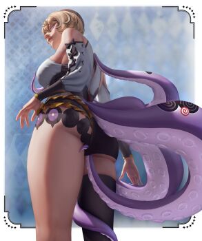 1girl absurdres ass black_hair black_shorts blonde_hair breasts hashtag-only_commentary highres huge_ass inf_zeroi large_breasts looking_at_viewer medium_hair purple_eyes self-upload shirt shorts sideboob solo tentacle_girl tentacles thick_thighs thighs white_shirt yidhari_murphy zenless_zone_zero