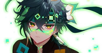 Rule 34 | 1boy, black shirt, closed mouth, commentary request, crossed bangs, earrings, ego (ego inp), facial tattoo, genshin impact, glowing, glowing tattoo, green eyes, green hair, green headband, headband, highres, jewelry, kinich (genshin impact), looking at viewer, male focus, multicolored eyes, multicolored hair, orange eyes, portrait, shirt, short hair, solo, streaked hair, tattoo, two-tone eyes, watermark