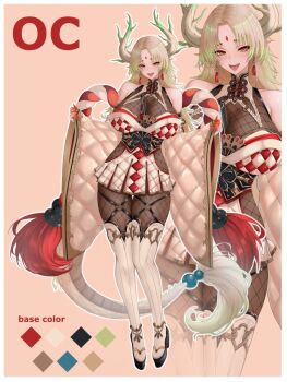 Rule 34 | 1girl, black shoes, blonde hair, bodystocking, border, breasts, color guide, colored extremities, colored tips, commentary, dragon girl, dragon horns, dragon tail, earrings, facial mark, fishnet bodystocking, fishnets, forehead mark, green hair, hair tubes, highres, horns, jewelry, long hair, multicolored hair, open mouth, original, red hair, see-through cleavage, see-through clothes, shoes, smile, tail, tassel, tassel earrings, teeth, thighhighs, upper teeth only, uzyou (momotk1109), white border, white thighhighs, wide sleeves