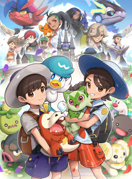 3boys 5girls absurdres arven_(pokemon) bag blue_headwear blush brown_hair castle closed_eyes commentary cowboy_shot dark-skinned_female dark_skin feet_out_of_frame fidough florian_(pokemon) fuecoco geeta_(pokemon) gonzarez grey_headwear grey_shirt hat highres holding juliana_(pokemon) koraidon lechonk looking_at_viewer miraidon multiple_boys multiple_girls naranja_academy_(emblem) naranja_academy_school_uniform nemona_(pokemon) nintendo nose_bubble open_mouth paldean_wooper penny_(pokemon) pokemon pokemon_(creature) pokemon_sv quaxly professor_sada school_bag school_uniform shirt short_hair shorts sleeping sleeping_upright smile smoliv sprigatito starter_pokemon_trio teeth tongue professor_turo upper_body uva_academy_school_uniform wiglett