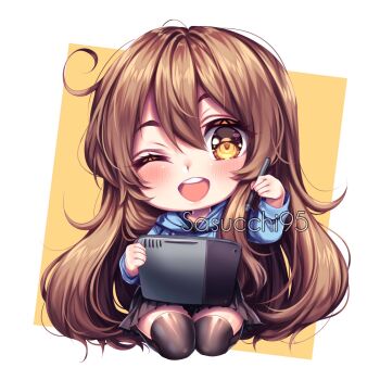 1girl ;d absurdly_long_hair artist_name artist_self-insert black_skirt black_thighhighs blue_hoodie blush border brown_hair chibi chibi_only commentary cowlick double-parted_bangs drawing_tablet english_commentary full_body hair_between_eyes hand_up highres holding holding_drawing_tablet holding_stylus hood hood_down hoodie long_hair long_sleeves looking_at_viewer miniskirt one_eye_closed open_mouth orange_background original outside_border pleated_skirt puffy_long_sleeves puffy_sleeves round_teeth sasu_(sasucchi95) sasucchi95 simple_background sitting skirt smile solo stylus teeth thighhighs upper_teeth_only very_long_hair wariza white_border yellow_eyes zettai_ryouiki