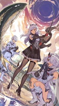 1boy 2girls absurdres bandage_over_one_eye belt berenica_(duet_night_abyss) black_belt black_dress black_gloves black_shoes black_thighhighs boots chinese_commentary closed_mouth cloud commentary_request dress duet_night_abyss dutch_angle fish fishing_rod full_body gloves hashibiro_kou_(garapiko_p) highres holding holding_fishing_rod long_hair mixed-language_commentary multiple_girls open_mouth pants phoxhunter_(duet_night_abyss) red_eyes shoes short_hair smile squatting standing the_boy_in_the_dream_(duet_night_abyss) the_girl_in_the_dream_(duet_night_abyss) thighhighs white_boots white_dress white_hair white_pants