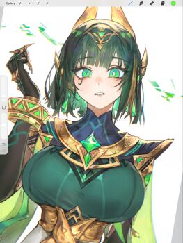 1girl ancient_egyptian_clothes breasts bright_pupils claw_ring claws elbow_gloves eye_tattoo facial_mark fake_claws gem genshin_impact gloves green_eyes green_gemstone green_hair green_streaks hair_ornament headpiece highres jewelry large_breasts looking_at_viewer lucadark_art mark_under_eye mole mole_under_eye nefer_(genshin_impact) short_hair solo symbol-shaped_pupils tattoo triangle-shaped_pupils upper_body usekh_collar white_background white_pupils