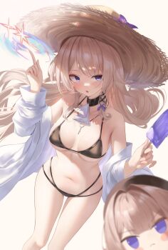 1girl absurdres ascot bare_shoulders belly bikini black_bikini black_choker blonde_hair breasts breasts_apart chibi choker cowboy_shot food gradient_eyes hair_ribbon halterneck hands_up hat herta_(honkai:_star_rail) highres holding holding_food holding_ice_cream hong_(vsak3373) honkai:_star_rail honkai_(series) ice_cream index_finger_raised jewelry key key_necklace light_blush long_hair looking_at_viewer medium_breasts midriff multicolored_eyes navel necklace off-shoulder_shirt off_shoulder official_alternate_design open_mouth purple_eyes ribbon shirt simple_background star_(symbol) stomach straw_hat sun_hat swimsuit the_herta_(honkai:_star_rail) thighs very_long_hair white_ascot white_background white_shirt