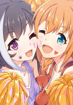2girls ;d arm_up armpits bare_shoulders black_hair blue_eyes braid breasts cheek-to-cheek cheerleader collarbone comiket_107 eyebrows_hidden_by_hair fang hair_ornament heads_together heart heart_print hug karyl_(princess_connect!) large_breasts light_blush long_hair looking_at_viewer midorinocha multicolored_hair multiple_girls one_eye_closed open_mouth orange_hair paw_print pecorine_(princess_connect!) pom_pom_(cheerleading) princess_connect! purple_eyes side_braid sidelocks single_braid sleeveless small_breasts smile streaked_hair tank_top thick_eyebrows tongue upper_body yuri