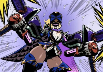 artist_request blonde_hair blue_hat blue_jacket boots breasts cape cloak eye_mask genshin_impact hat holding holding_weapon jacket large_breasts mask open_mouth ponytail thigh_boots thunderblitz_gvardiya_(genshin_impact) weapon