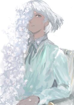 Rule 34 | 1boy, bishounen, black ribbon, blue eyes, collared shirt, dark-skinned male, dark skin, floating hair, flower, highres, long sleeves, looking up, male focus, metaphor: refantazio, neck ribbon, parted bangs, parted lips, ribbon, samerkgk, shirt, simple background, sitting, solo, the prince (metaphor: refantazio), upper body, white background, white flower, white hair, white shirt, white theme, wing collar