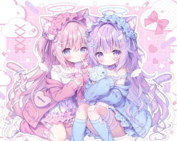 2girls ahoge animal_ear_fluff animal_ears aqua_cardigan aqua_choker aqua_eyes aqua_halo aqua_leg_warmers aqua_ribbon bag bandaid bandaid_hair_ornament bandaid_on_face bandaid_on_leg bandaid_print blush border bow bow_print bowtie cardigan cat_ears cat_girl cat_hair_ornament cat_tail choker closed_mouth cloud_print drink drink_carton drinking_straw finger_to_mouth frilled_choker frilled_sailor_collar frilled_shirt frilled_shirt_collar frills hair_between_eyes hair_ornament halo heart heart-shaped_bag heart_hair_ornament heart_necklace heart_print highres holding holding_drink holding_milk_carton hugging_doll hugging_object jewelry kamishiro_piyo kneeling leg_belt leg_warmers long_sleeves maid_headdress milk_carton multiple_girls necklace open_cardigan open_clothes original pastel_colors pill_print pink_background pink_bow pink_bowtie pink_cardigan pink_choker pink_hair pink_halo pink_leg_warmers pink_ribbon purple_eyes purple_hair ribbon sailor_collar shirt shoes shoulder_bag sidelocks sitting smile sneakers sparkle_hair_ornament star_(symbol) star_print stuffed_animal stuffed_cat stuffed_toy tail tail_bow tail_ornament tenshi_kaiwai white_border white_bow white_sailor_collar white_shirt white_shoes white_wings wing_hair_ornament wings x_hair_ornament yami_kawaii yume_kawaii
