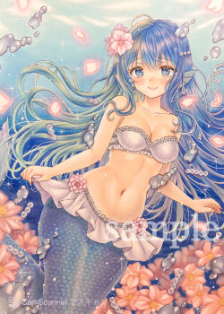 1girl absurdres ahoge air_bubble bikini bikini_top_only blue_eyes blue_hair blush bubble closed_mouth collarbone commentary earrings english_commentary fins floating_hair flower frilled_bikini frills hair_flower hair_ornament head_fins highres jewelry linea_alba long_hair looking_at_viewer marker_(medium) mermaid monster_girl navel original petals pink_flower sample_watermark sayut4n-0226 scales smile solo stomach straight-on swimsuit traditional_media underwater watermark white_bikini wispy_bangs
