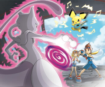 1boy 1girl :o aura beamed_eighth_notes belt ben_(pokemon) blue_gloves blue_shirt blue_shorts blue_sky brown_eyes brown_hair clenched_hand cloud day dot_nose eighth_note fingerless_gloves from_behind gen_1_pokemon gen_2_pokemon gloves goggles goggles_on_head hand_on_own_arm highres holding holding_instrument instrument legendary_pokemon medium_hair mewtwo musical_note nintendo official_art open_clothes open_mouth open_vest orange_hair outstretched_arm pichu pokemon pokemon_(creature) pokemon_ranger_(series) pokemon_ranger:_guardian_signs purple_eyes red_vest saitou_kouki scarf shirt shoes shorts sky standing summer_(pokemon) third-party_source ukulele ukulele_pichu v-shaped_eyebrows v-shaped_eyes vest yellow_scarf
