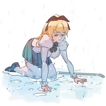 1girl 2020 =_= all_fours black_bow black_ribbon black_shoes blind blonde_hair blue_skirt bow breasts cane closed_eyes commentary full_body green_skirt hair_ribbon katawa_shoujo kneeling long_hair long_sleeves puffy_long_sleeves puffy_sleeves rain ribbon rtil satou_lilly school_uniform shirt shoes skirt solo thighhighs wet white_shirt white_thighhighs yamaku_high_school_uniform