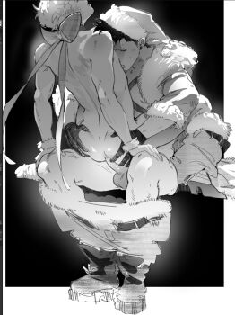 2boys ace_of_diamond anal black_gloves clothes_pull commentary english_commentary gloves greyscale hand_on_another&#039;s_ass hat highres isa_(babeyxiao) kuramochi_youichi male_focus male_penetrated monochrome multiple_boys narumiya_mei nude pants pants_pull penis santa_costume santa_hat short_hair straddling testicles upright_straddle yaoi